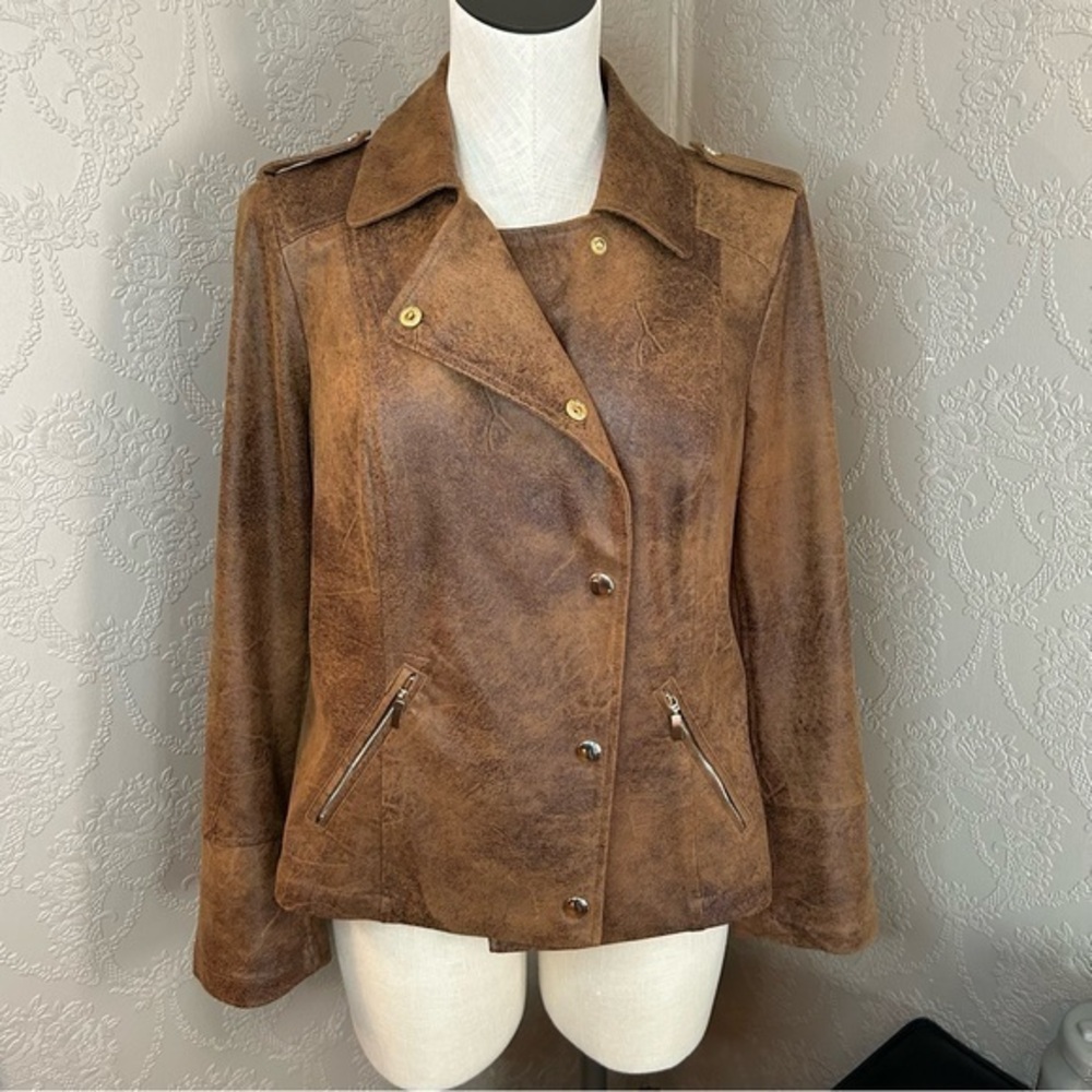 Chico's Distressed Tan-Brown Faux Leather Moto Jacket